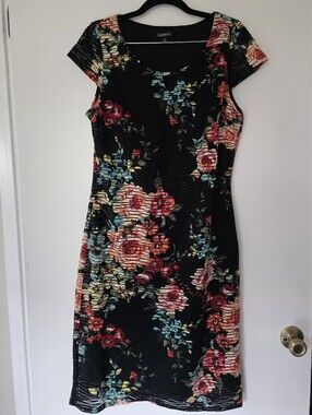 Glamour Black Floral Cap-Sleeve Sheath Dress Sz 10